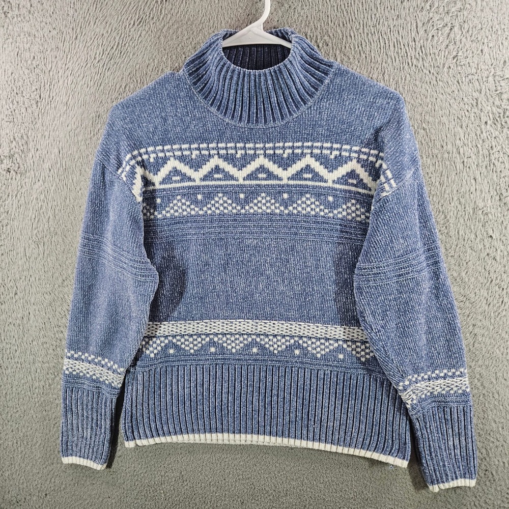 Christian Siriano New York Blue Chenille Fair Isle Mock Neck Sweater Womens XS